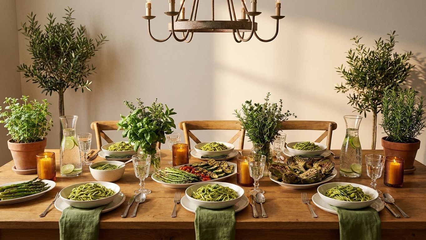 A dinner table set with plates of food, glasses and green napkins
