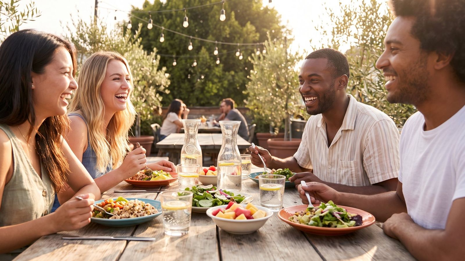 Friends sharing plates of food around a table