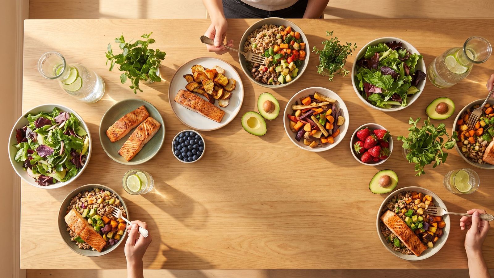 An overhead spread of grain bowls, salmon, avocado toast and salads on a wooden table