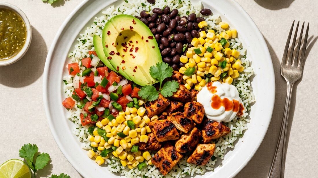 A grain bowl with roasted vegetables and greens on a light wood table