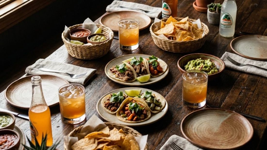 A restaurant table with tacos, chips, guacamole and drinks shared between friends