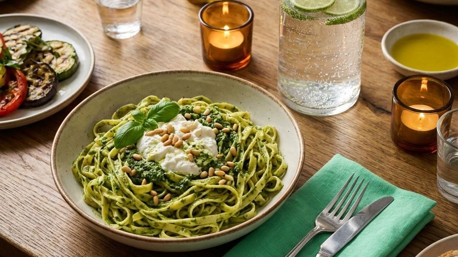 A pesto pasta dinner with a side salad and water on a table with green napkins