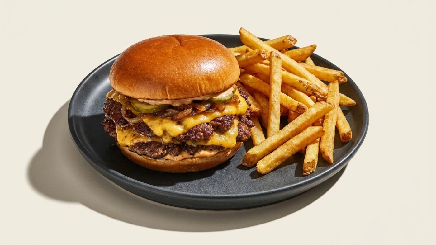 A burger and fries on a wooden board, the kind of meal that gets photo-logged
