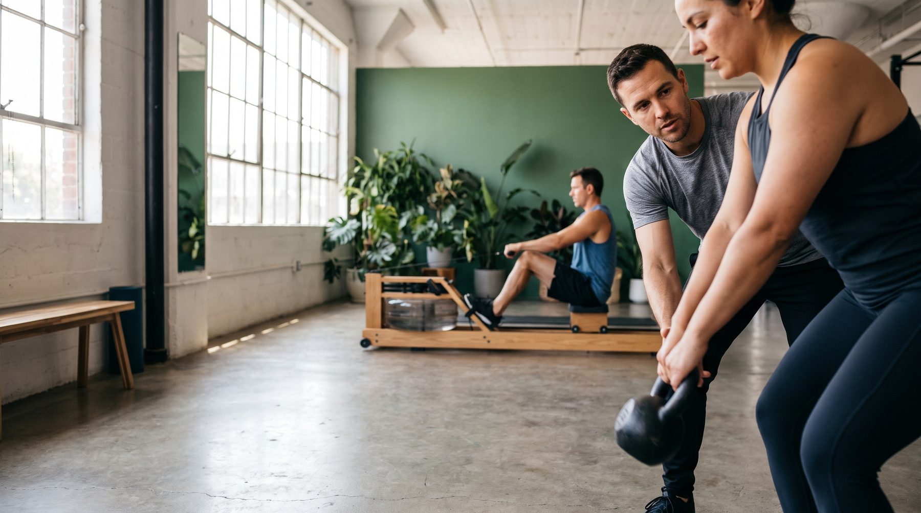 A coach guiding a member through a kettlebell lift in a bright gym with a green wall.