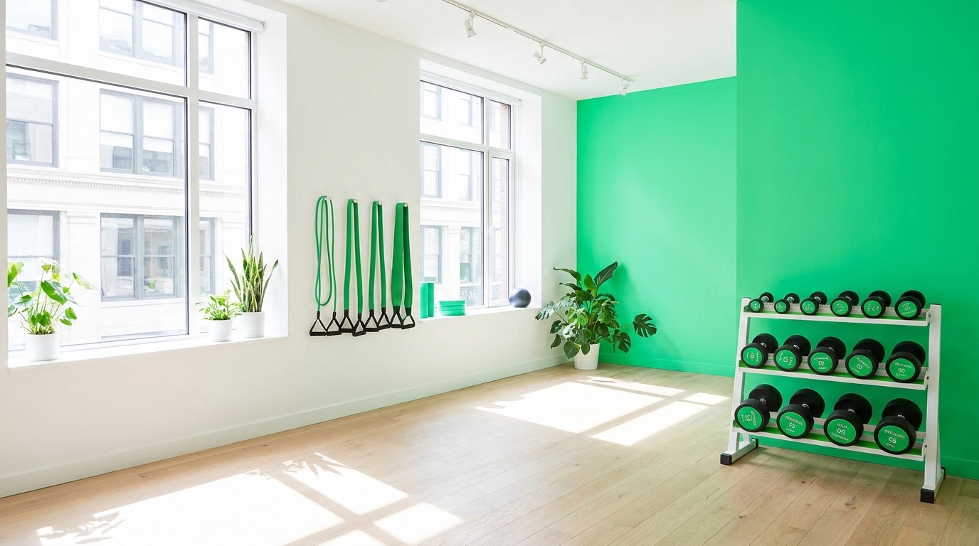 A bright boutique gym with a green accent wall and green dumbbells.