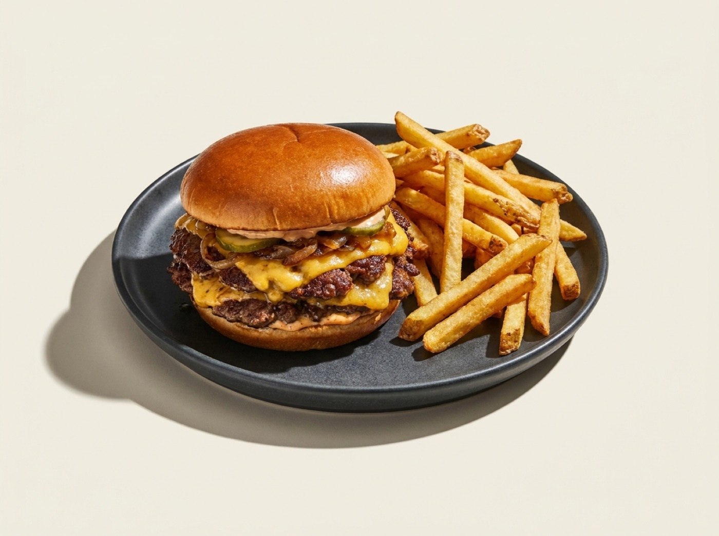 A cheeseburger and fries plated at a restaurant.