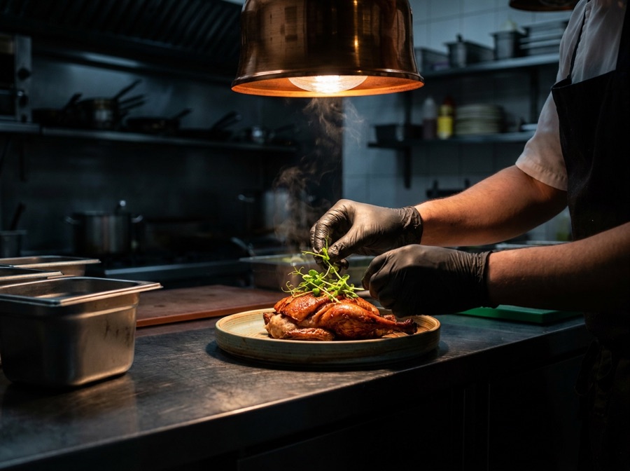 A chef plating a finished dish in a restaurant kitchen.