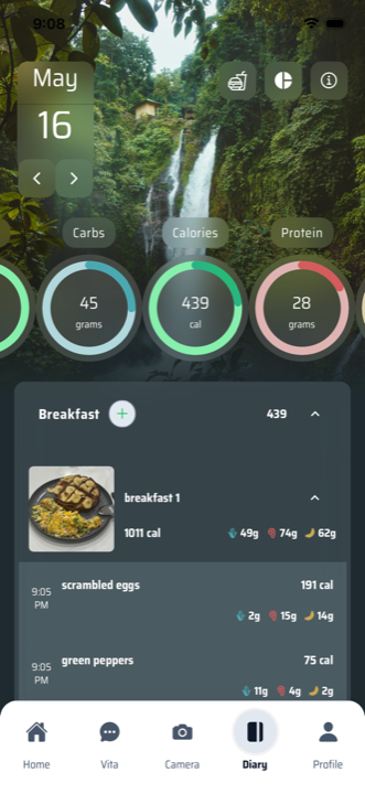 The NutraCompass diary screen showing the day's calories, carbs and protein rings and a logged breakfast