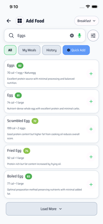 The NutraCompass food search screen listing dishes with calories and macros.