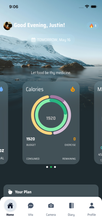 The NutraCompass home screen showing calories consumed and remaining for the day