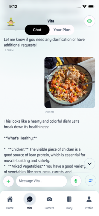 The NutraCompass Vita assistant screen, with a photo of a dish sent and its healthiness broken down
